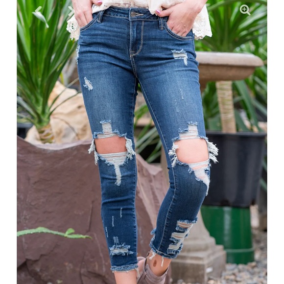 Cello Ultra Distressed Mid-rise Dark Denim Jeans - Picture 2 of 7